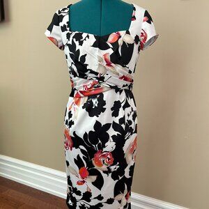 White House Black Market Midi Dress. Black/Cream/Coral floral pattern Size US 2